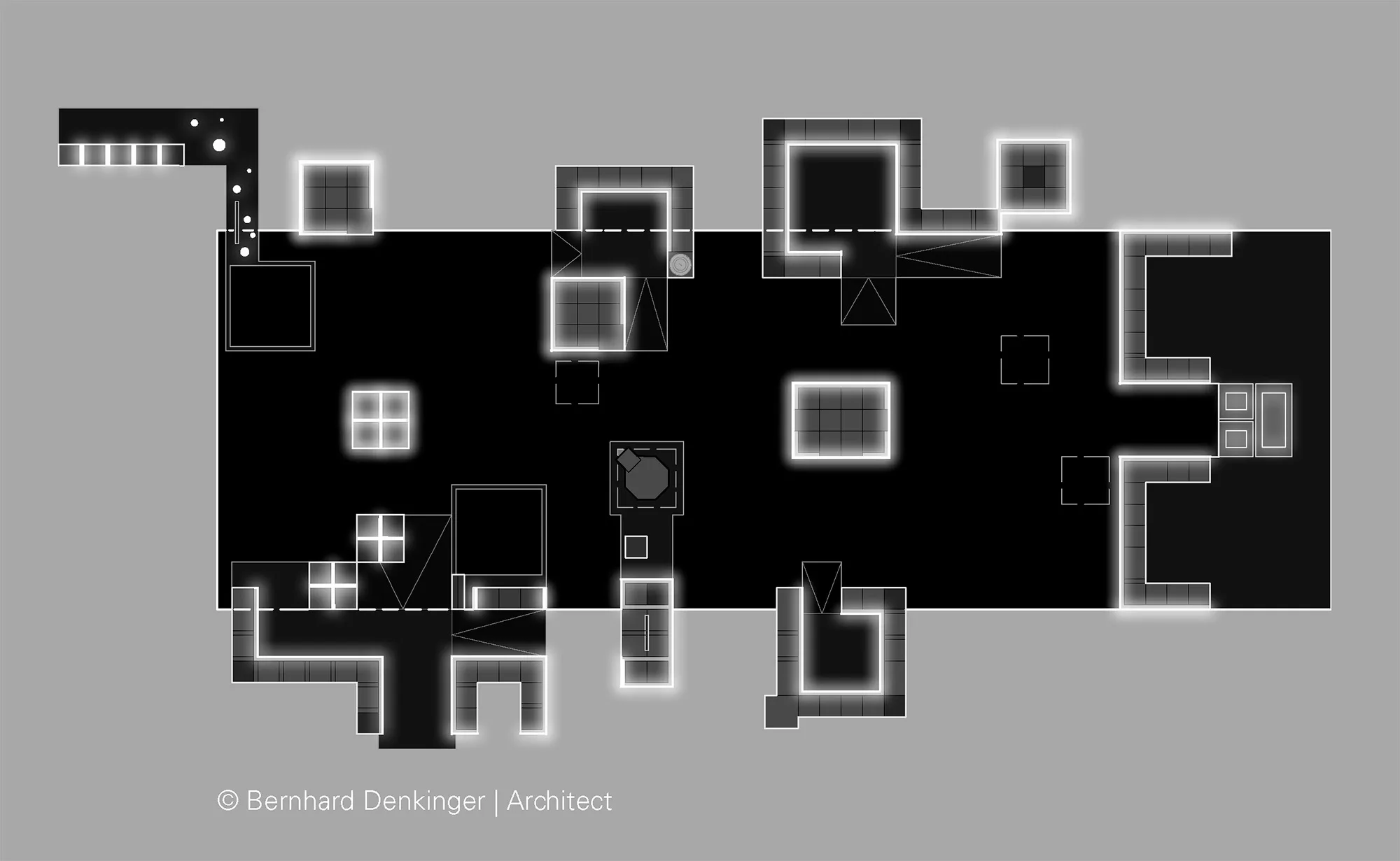 Grundriss: Asymmetrisch angeordnete, frei im Raum stehende Inseln bilden eine offene Struktur. Sie werden durch ein abgehängtes, gekrümmtes Dach verbunden.