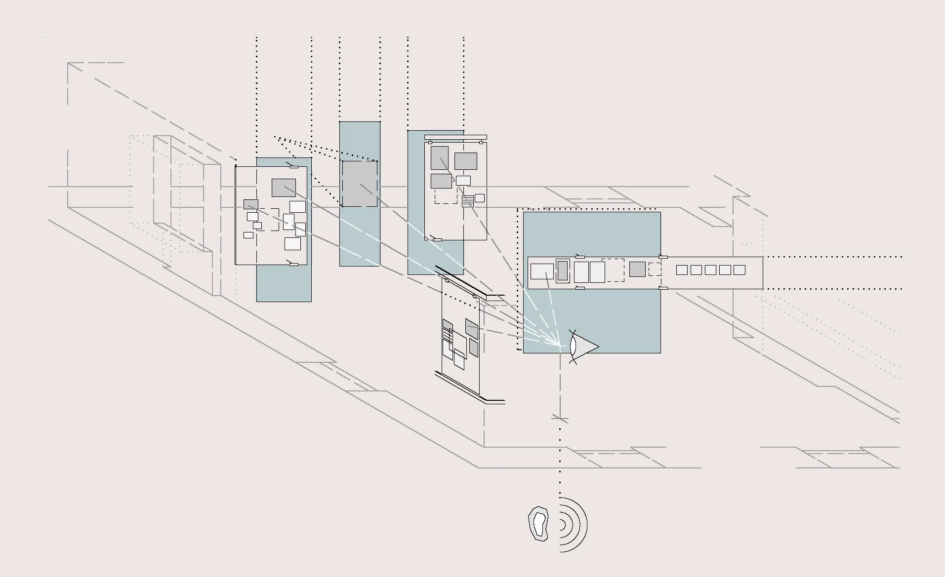 Szenografie Raum 2: Am Ende der Eingangsachse ein Hördokument (Dollfußrede). In der Querachse, zwischen Bildern zur „Volksabstimmung 1938“ und zum „Anschluss 1938“, die Projektion „Personen aus dem Widerstand“; weiter hinten, rechts, Großfotos von Aufmärschen der SA.