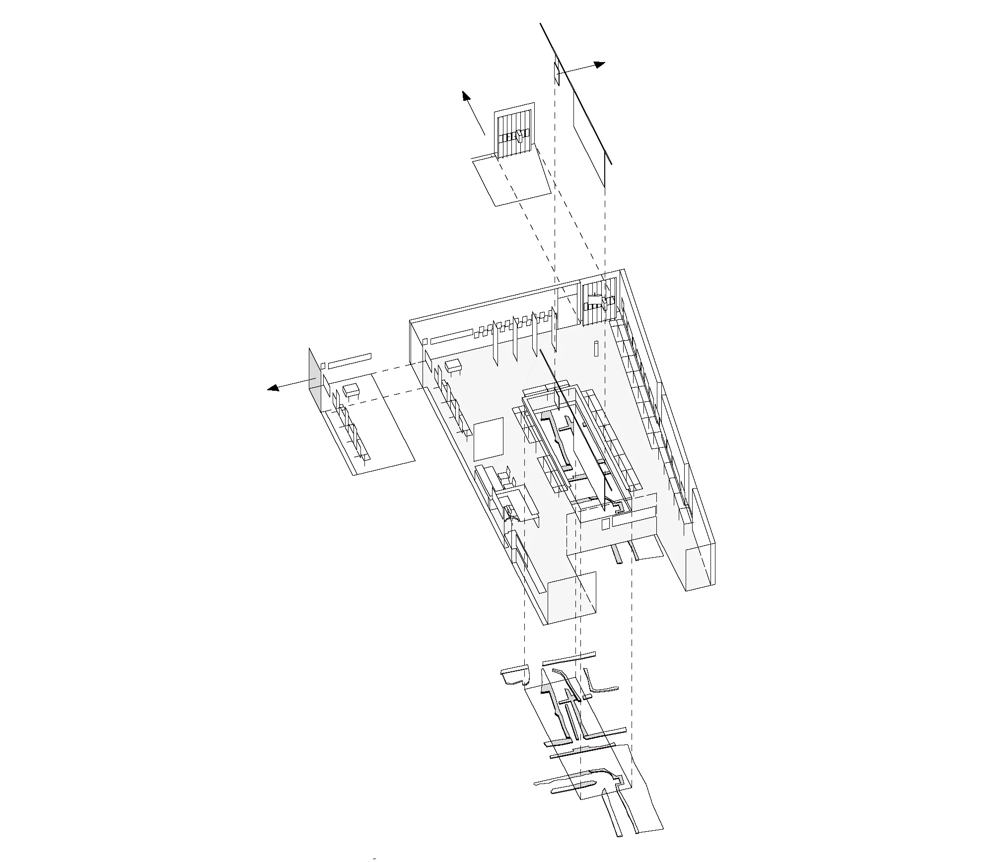 Der Kontext der Ausstellung: Wohnsiedlung (links und oben), Memorial aus dem Jahr 1965 (oben rechts), Grabungsfunde (unten). Zeichnung: © Bernhard Denkinger