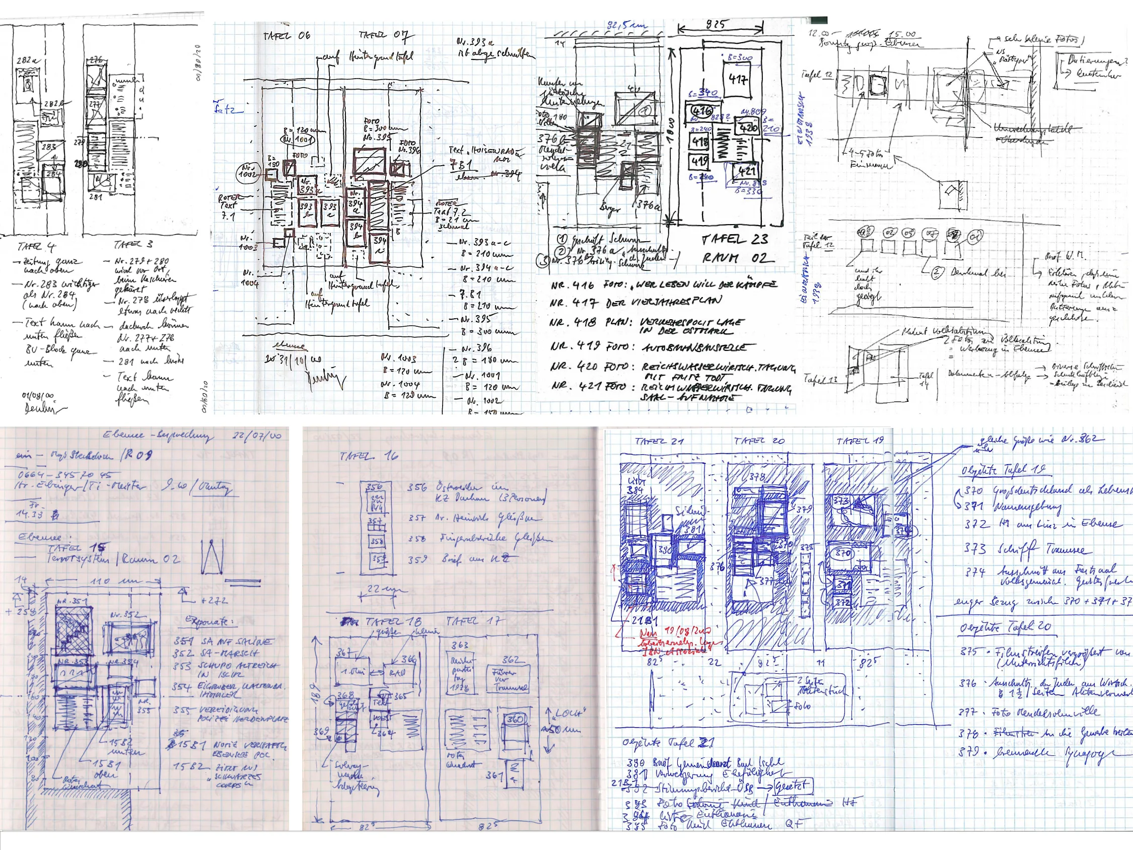 Raum 2: Skizzen zu Positionierung, Abfolge und Größen der Exponate. Bernhard Denkinger (11.02.1999–20.02.2000)